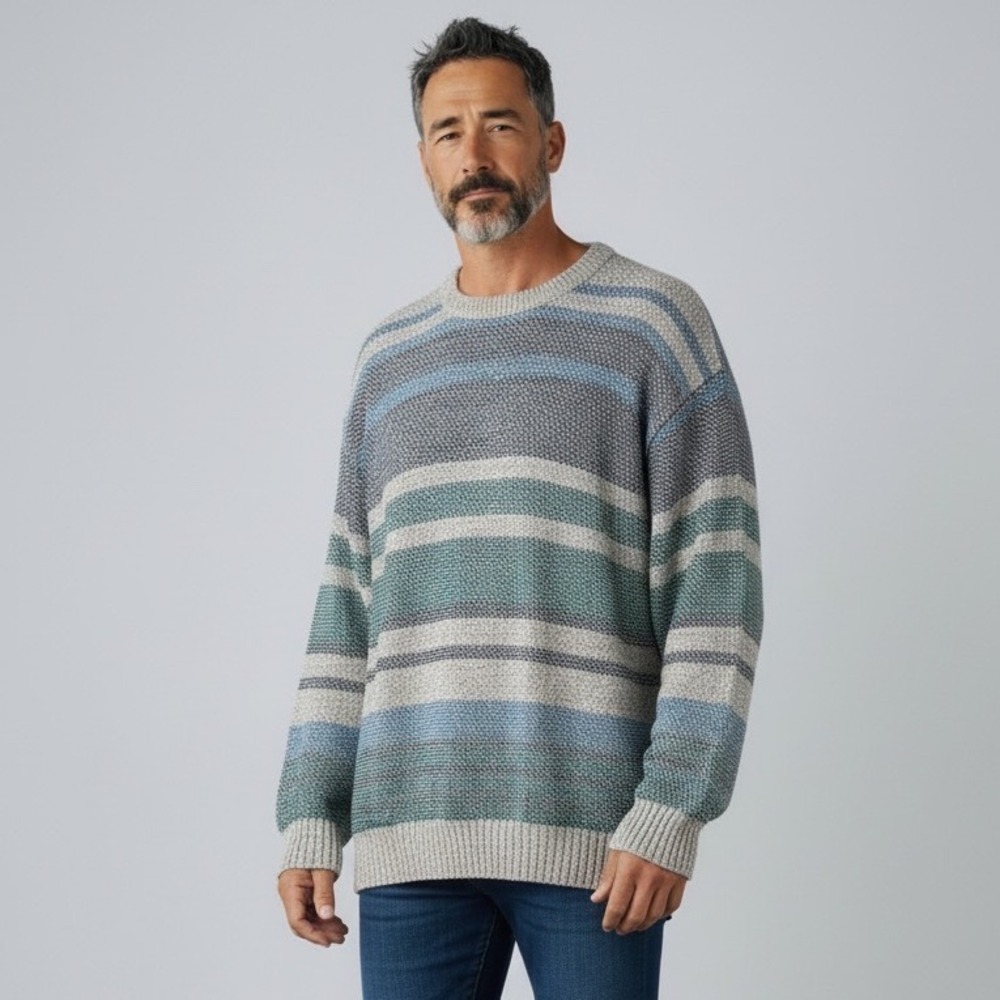 Thane Vintage Mens XL Cotton Striped Crewneck Sweater Made in USA Blue Teal NEW